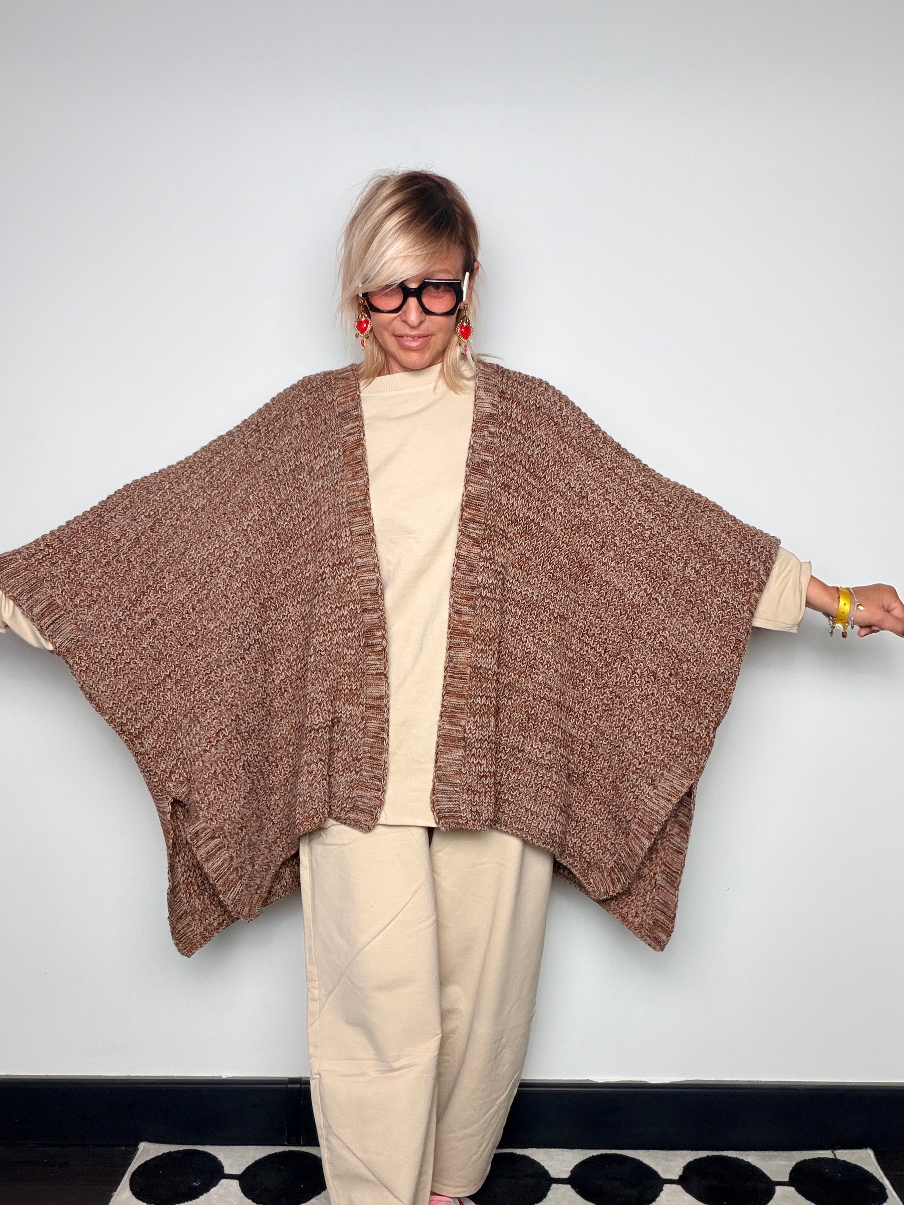 Poncho Cardigan Maxi Maglia Mouliné Pipistrello Bicolore