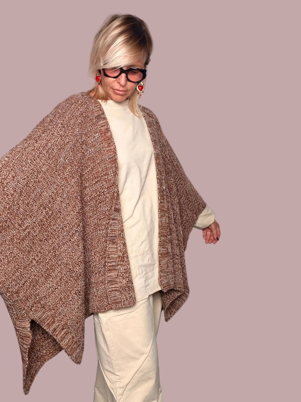 Poncho Cardigan Maxi Maglia Mouliné Pipistrello Bicolore