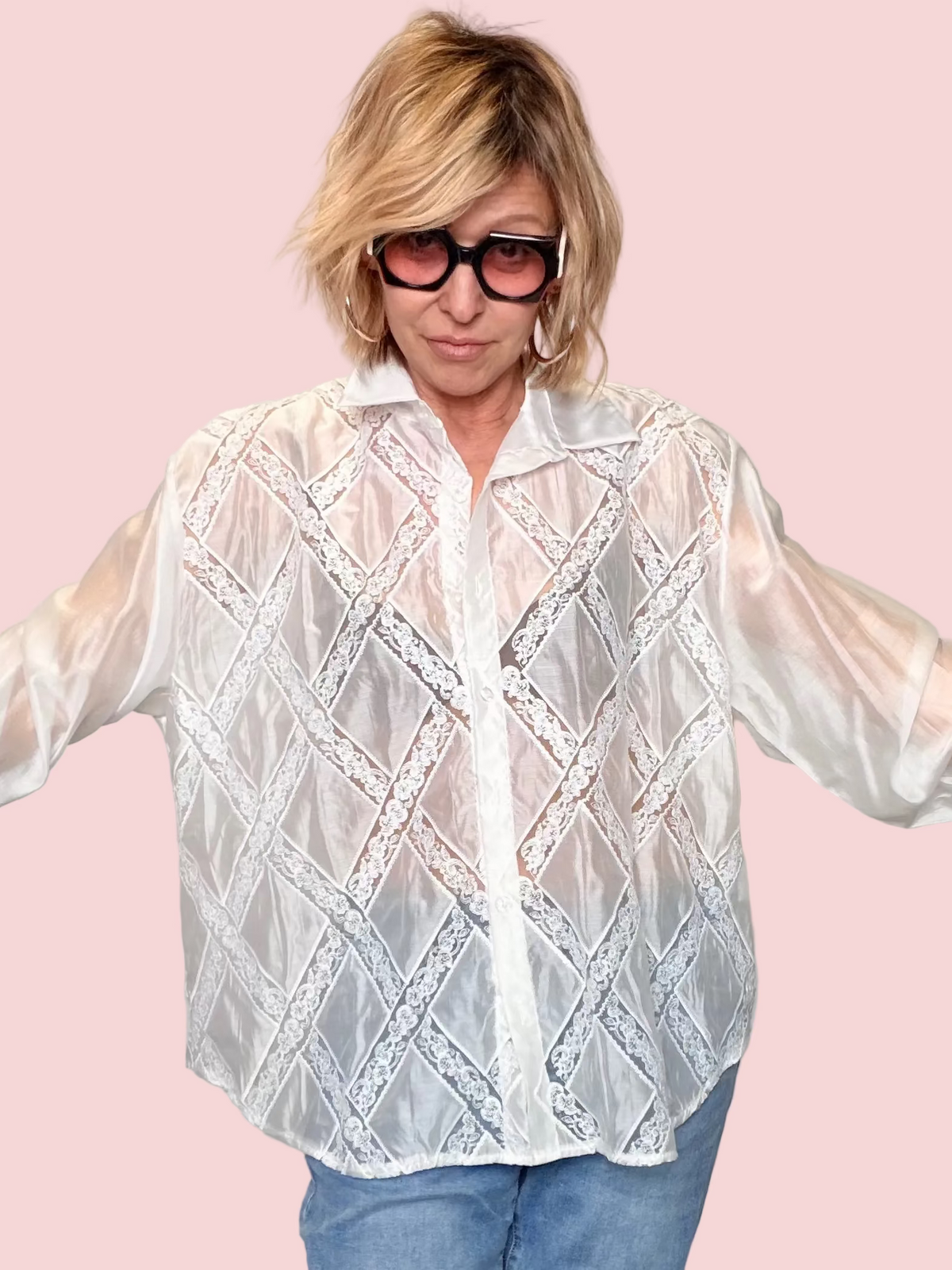 Camicia Oversize Bianca con Inserti in Pizzo a Rombi