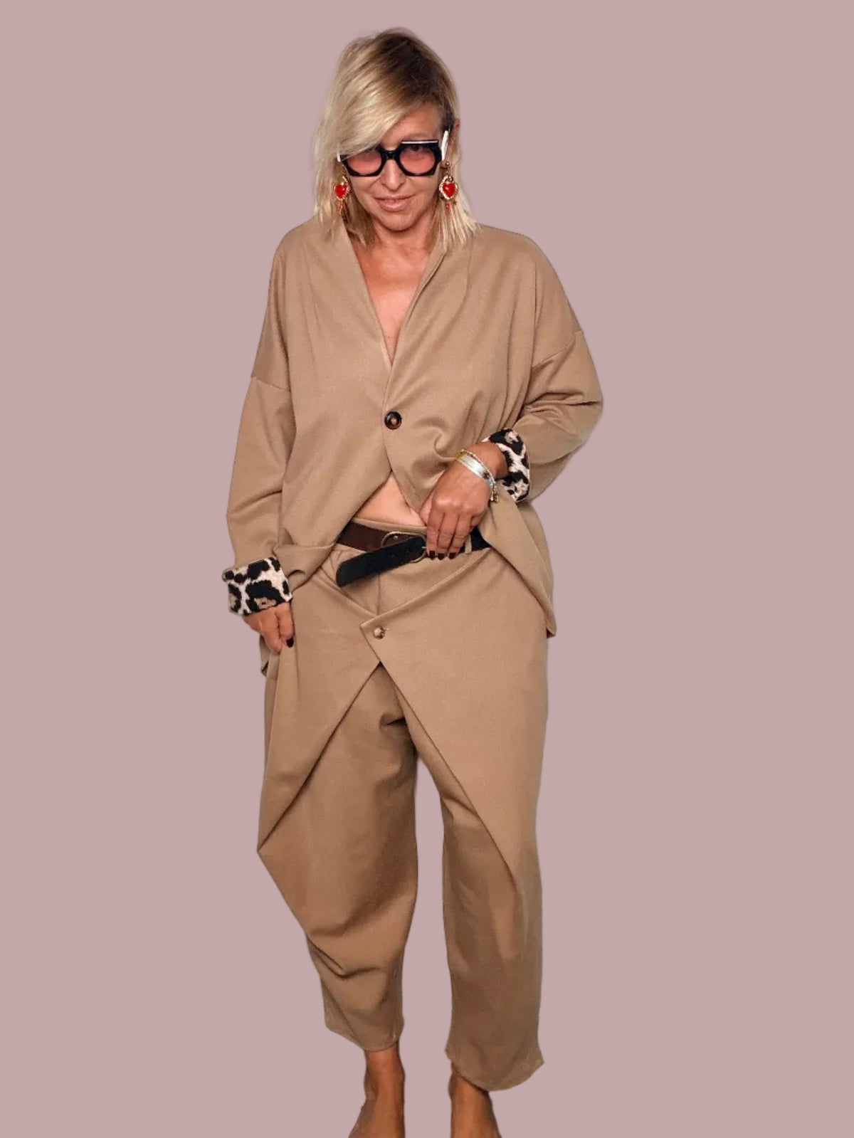 Pantalone Punto Milano Cammello Pannello Incrociato Drappeggiato