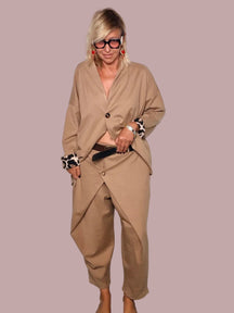 Pantalone Punto Milano Cammello Pannello Incrociato Drappeggiato