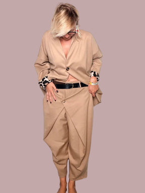 Pantalone Punto Milano Cammello Pannello Incrociato Drappeggiato