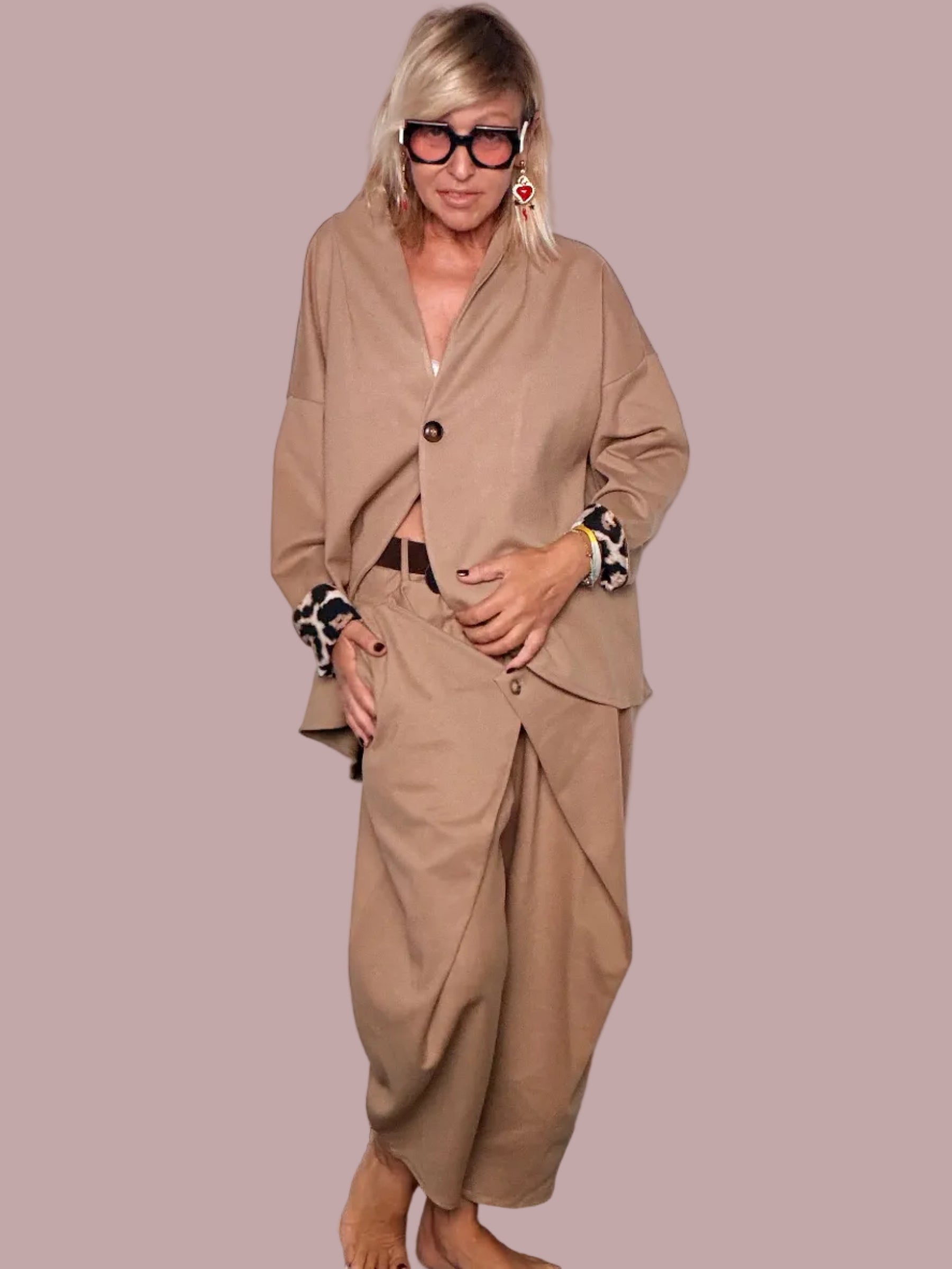 Pantalone Punto Milano Cammello Pannello Incrociato Drappeggiato