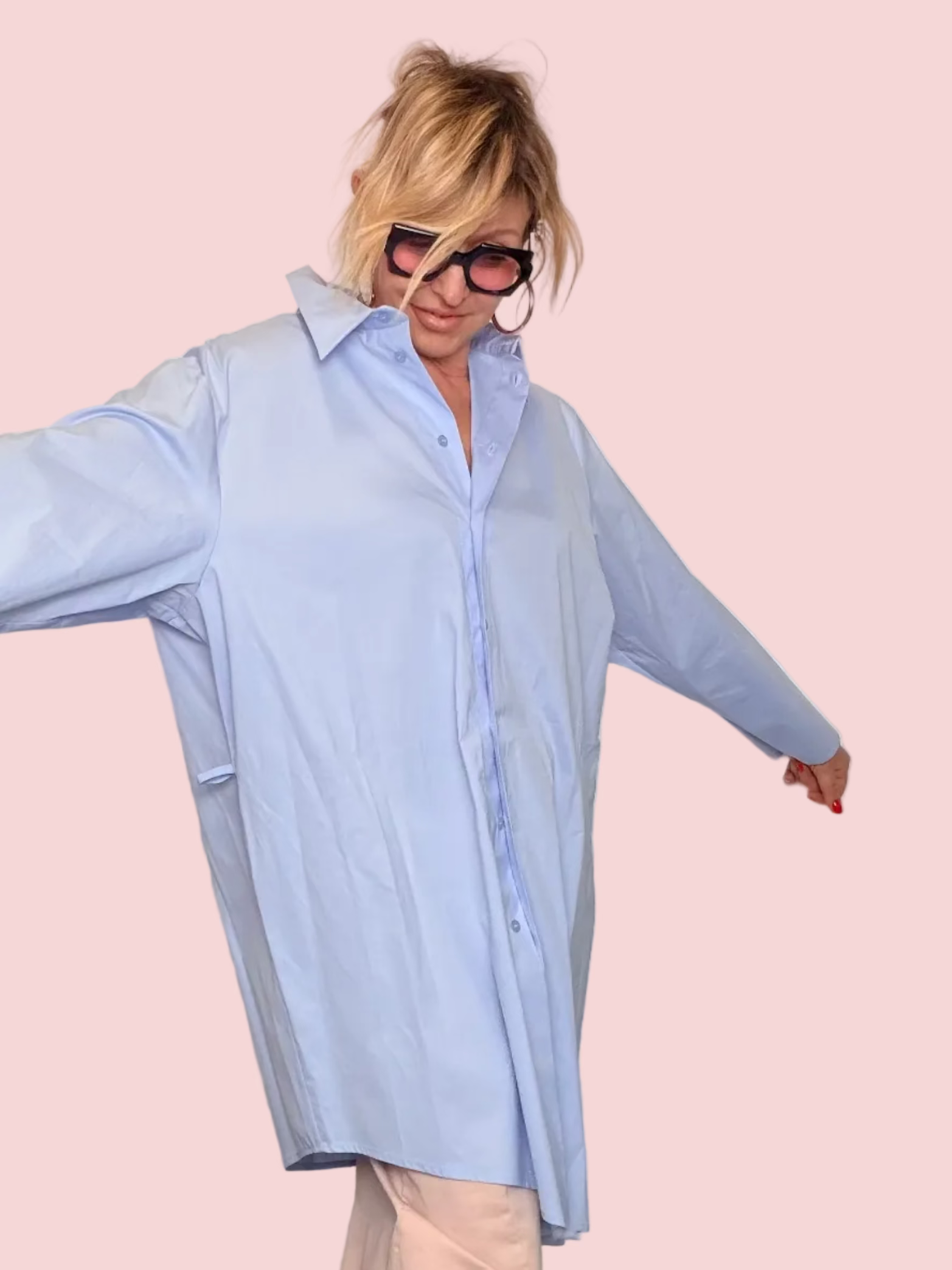 Camicia Lunga Asimmetrica in Cotone Azzurro con Cintura