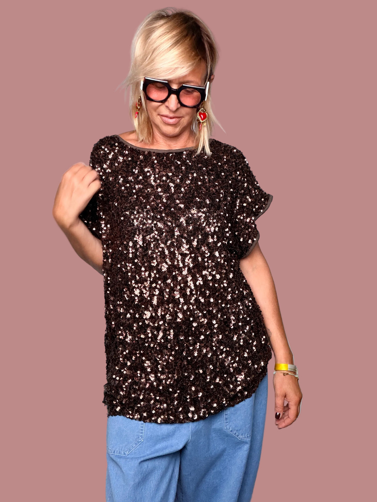 Maglia Paillettes Manica Corta Oversize