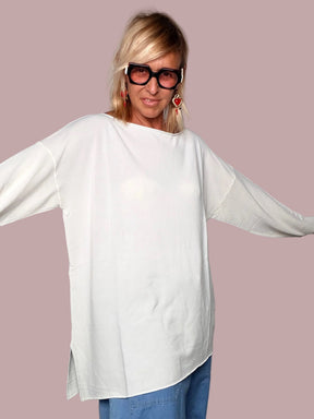 Maglia Filo Bianca Manica Pipistrello Collo Barchetta