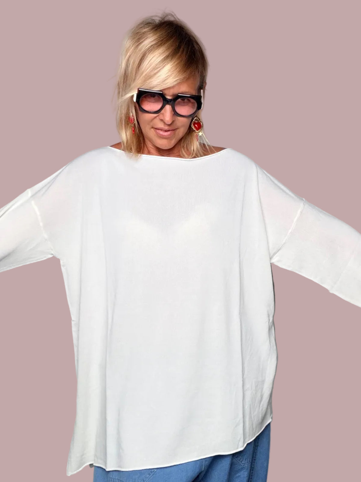 Maglia Filo Bianca Manica Pipistrello Collo Barchetta