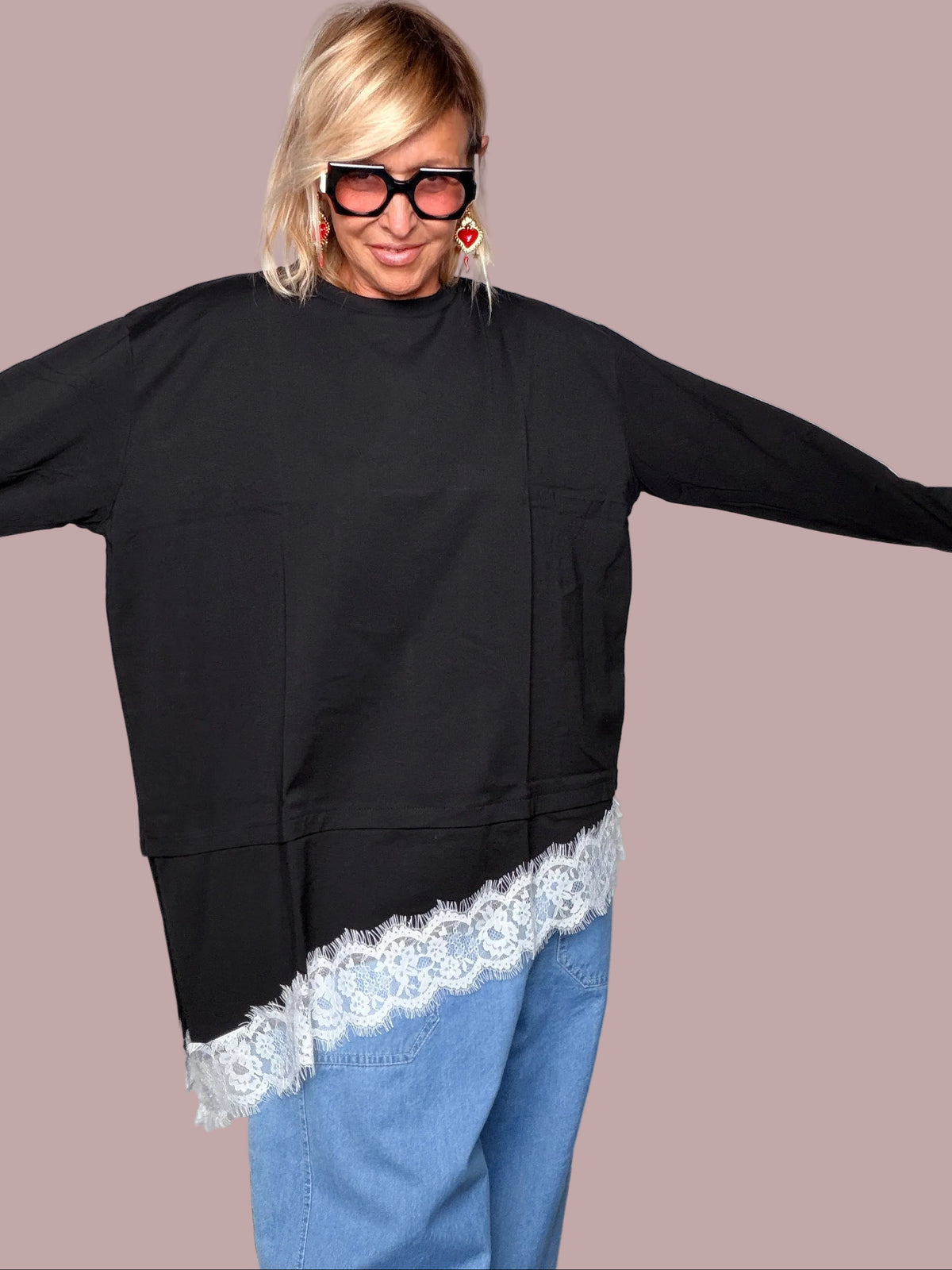 Maglia Cotone Nera Manica Lunga Inserto Pizzo Asimmetrico