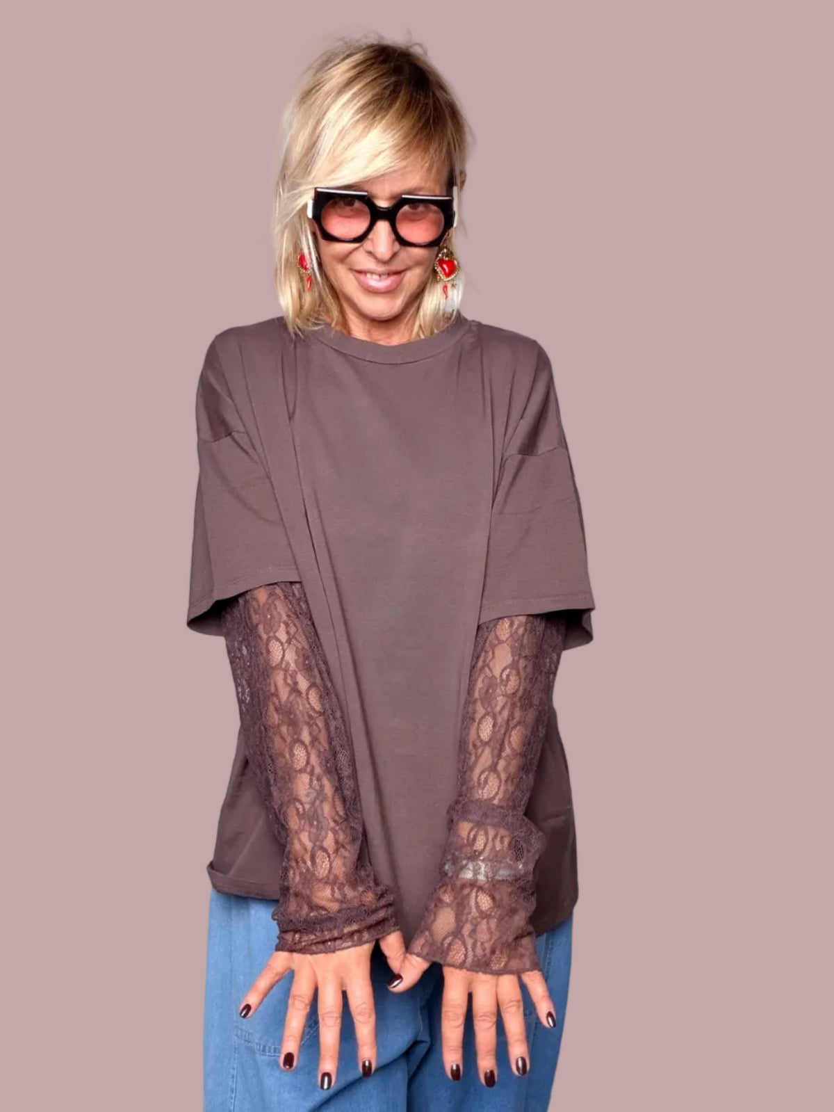 T-shirt Oversize con Maniche Lunghe in Pizzo
