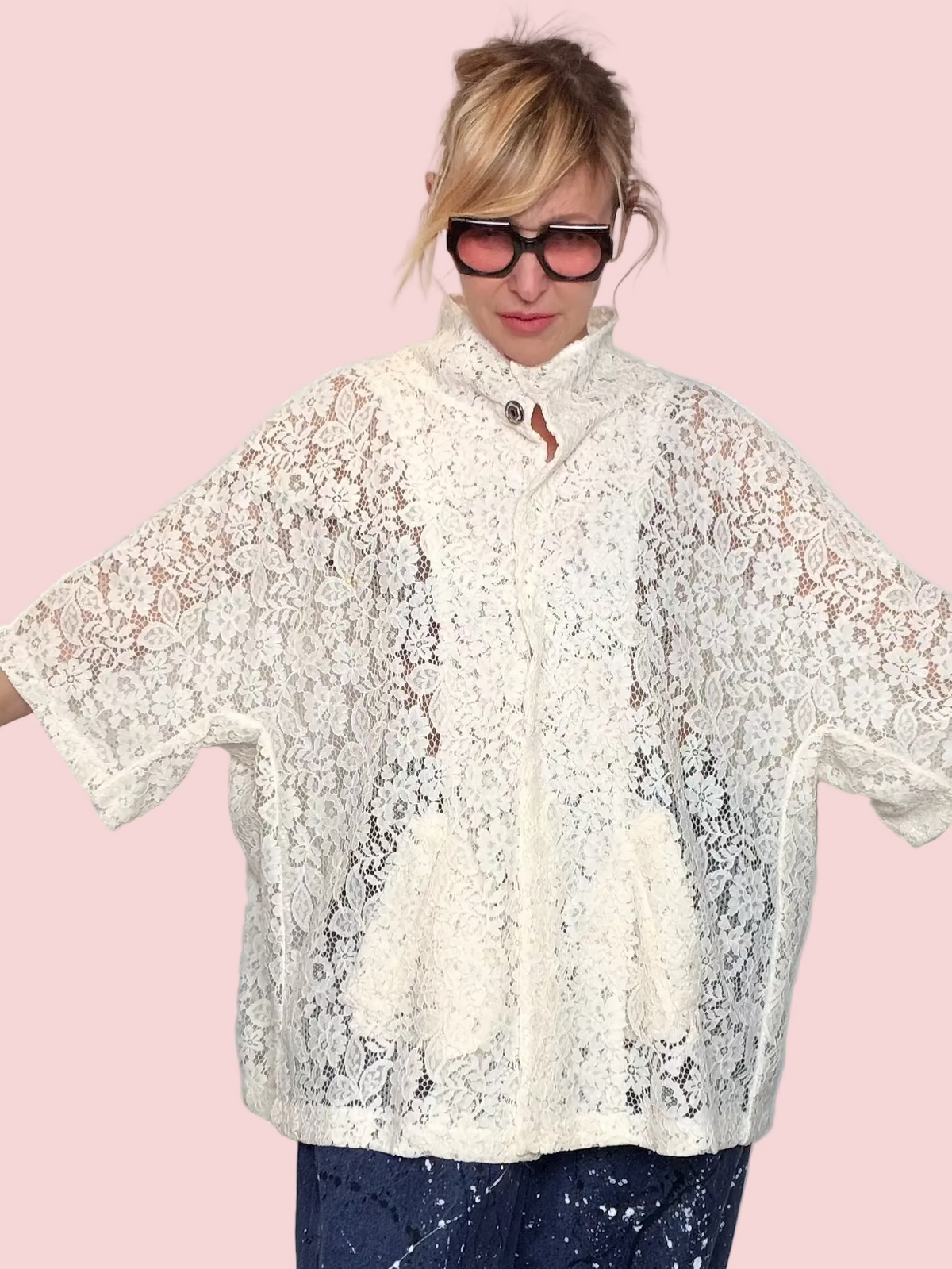 Giacca Oversize in Pizzo Floreale Bianco