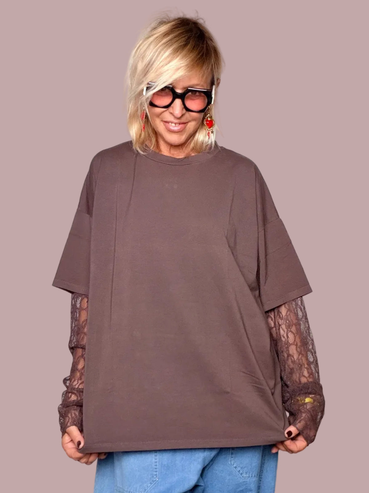 T-shirt Oversize con Maniche Lunghe in Pizzo
