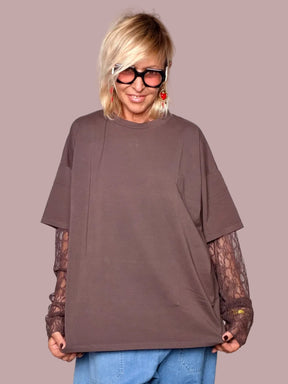 T-shirt Oversize con Maniche Lunghe in Pizzo