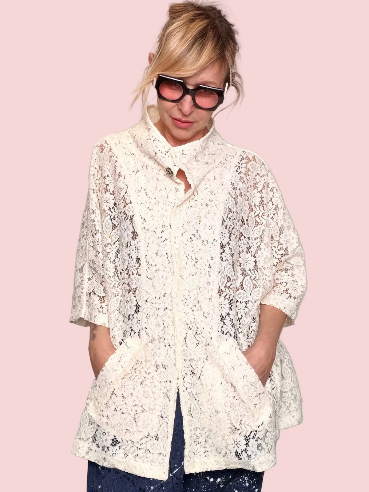 Giacca Oversize in Pizzo Floreale Bianco