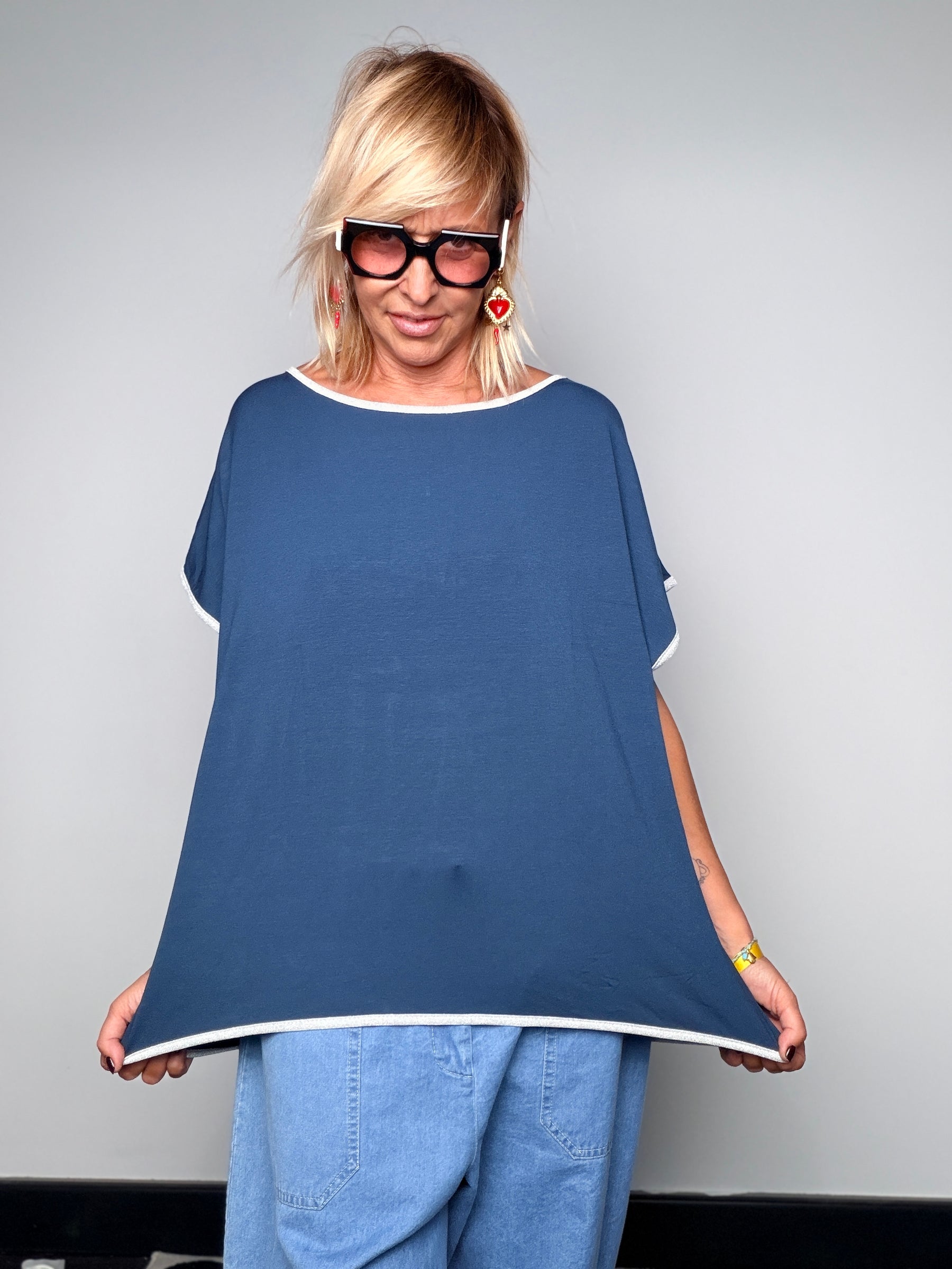 Top Oversize in Jersey con Bordi Lurex — BLU, ROSSO, VERDE