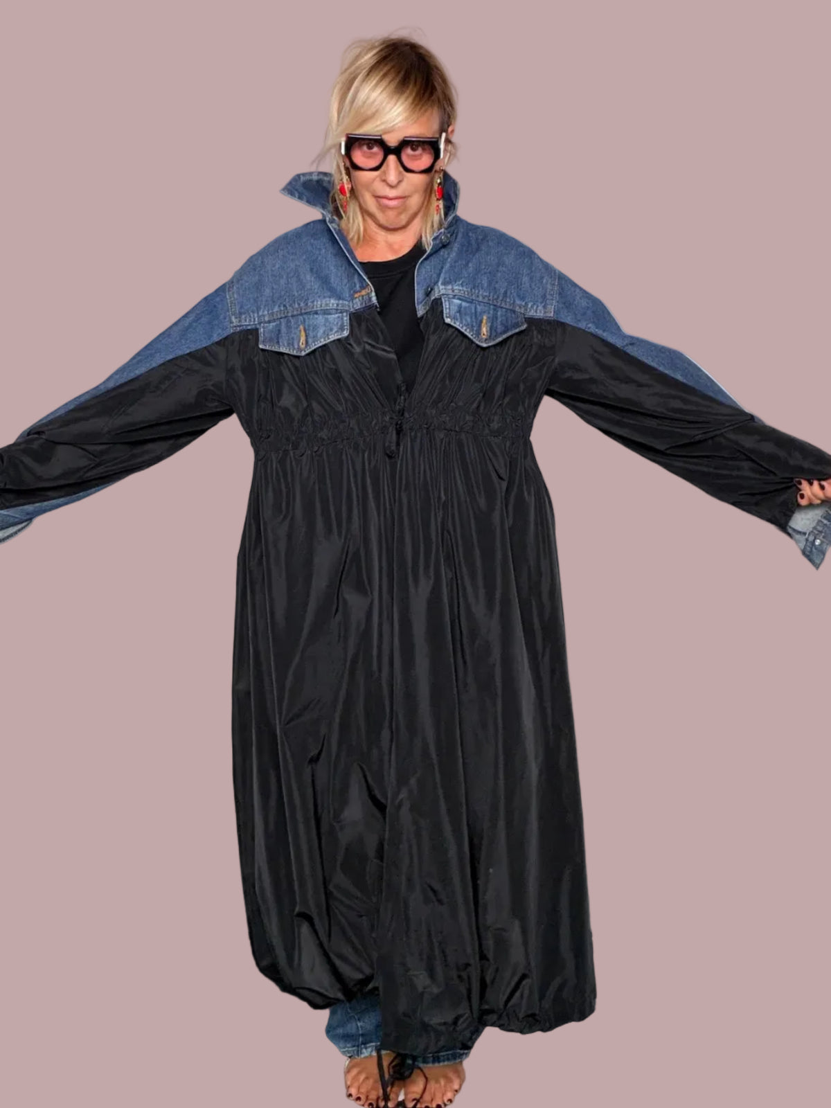 Giacca vintage denim chiaro e taffetà nero - vista frontale