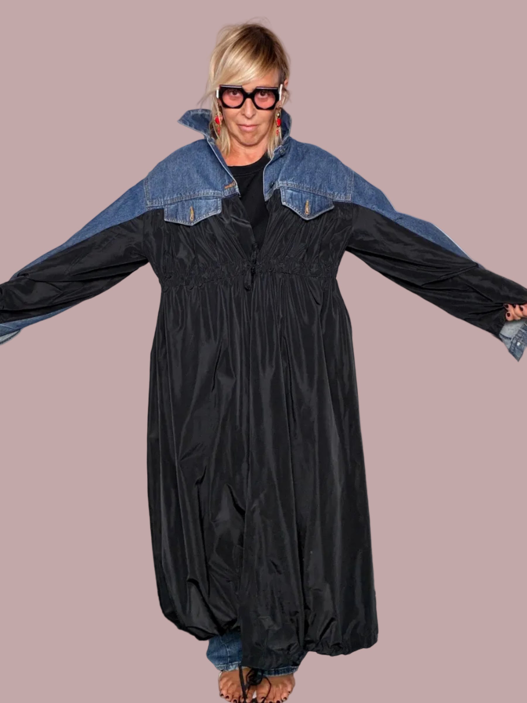 Giacca vintage denim chiaro e taffetà nero - vista frontale