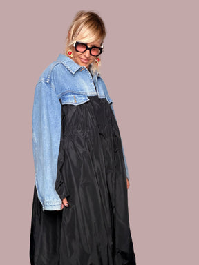 Giacca vintage denim chiaro e taffetà nero - vista laterale