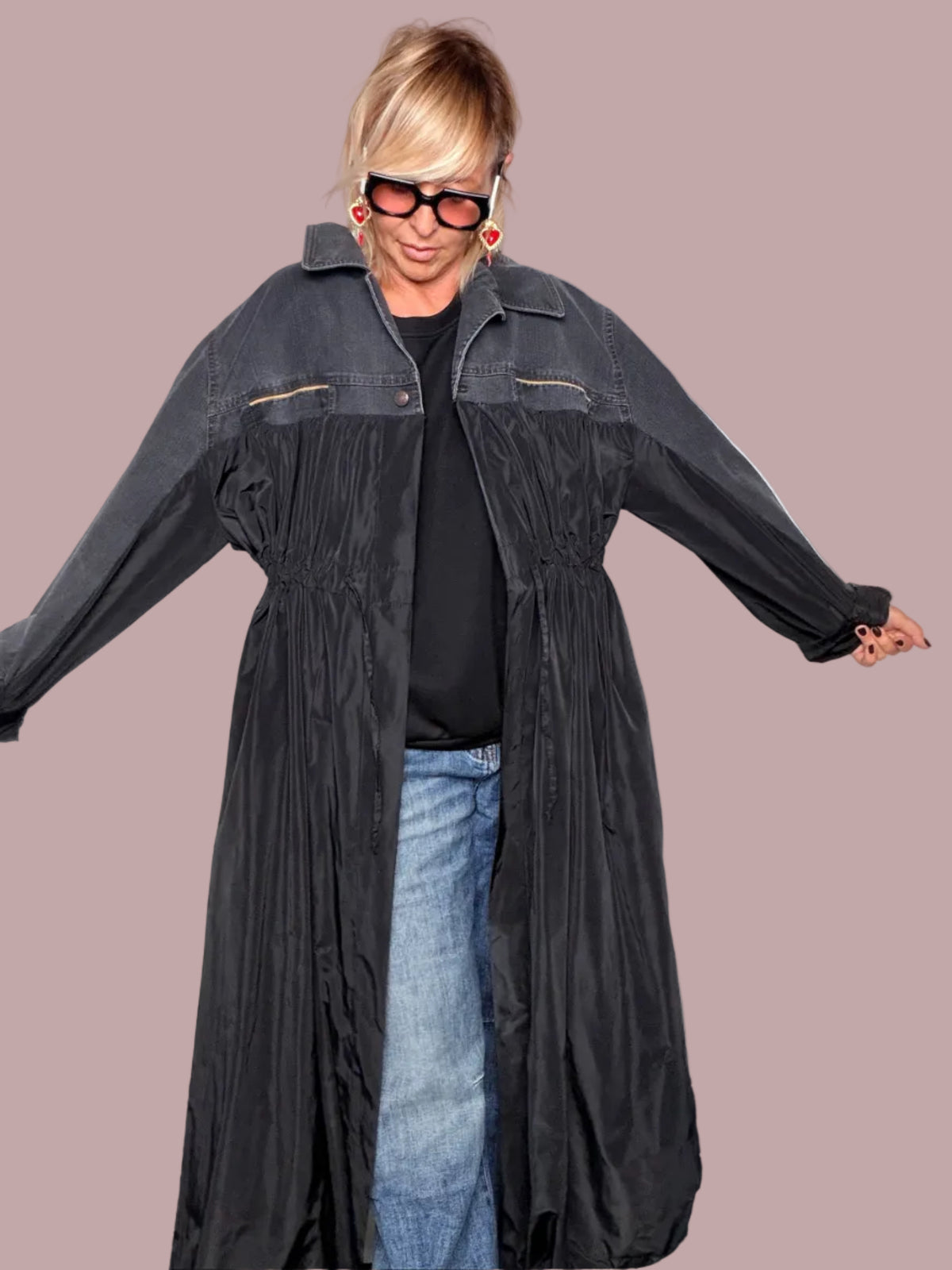 Giacca vintage denim nero e taffetà nero - vista frontale aperta
