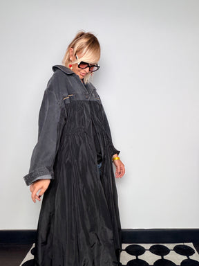 Giacca vintage denim scuro e taffetà nero - vista laterale