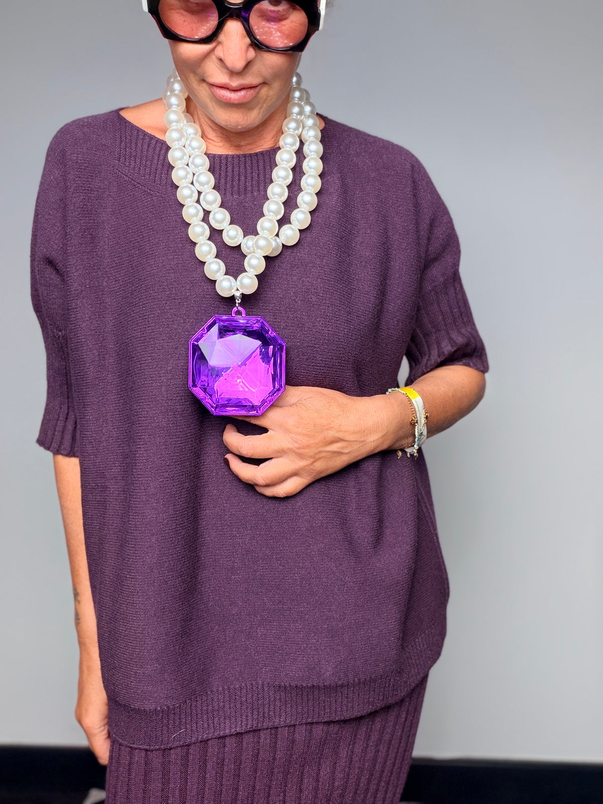 Collana Maxi Perle con Pendente Diamante Viola
