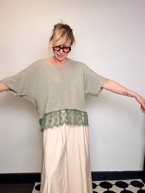 Top in Maglia Fine con Bordo in Pizzo Floreale