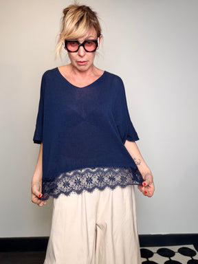 Top in Maglia Fine con Bordo in Pizzo Floreale