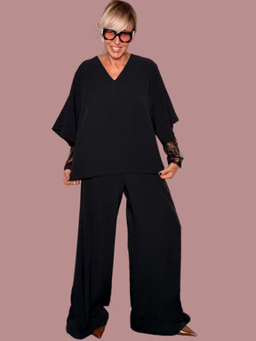 Completo Blusa Kimono + Pantalone Palazzo Nero – Inserto Pizzo