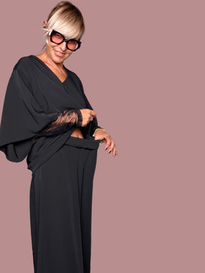 Completo Blusa Kimono + Pantalone Palazzo Nero – Inserto Pizzo