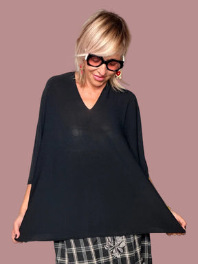 Top Oversize Filo Scollo V Maniche Pipistrello Nero