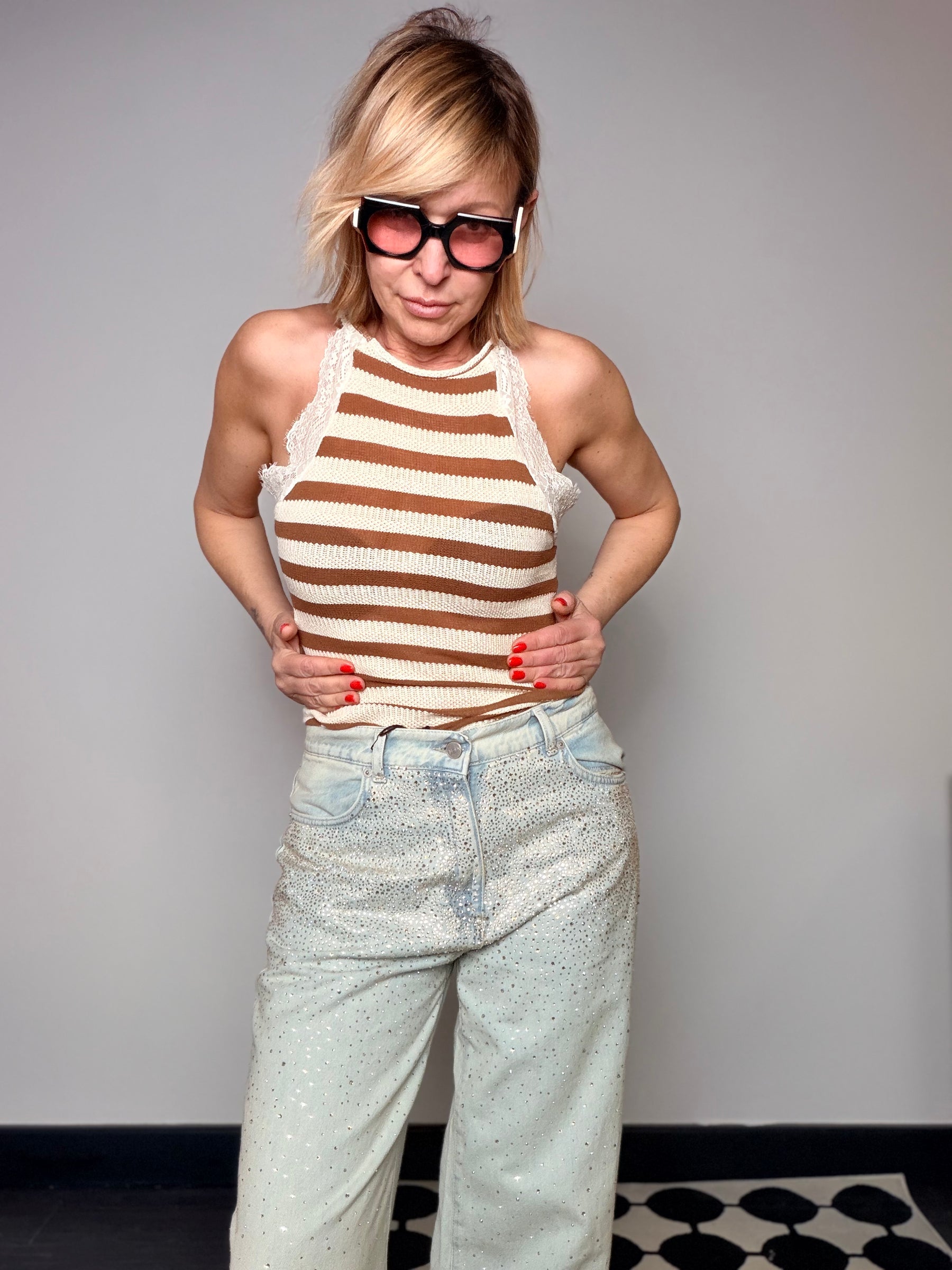 Body a Righe con Bordo in Pizzo —