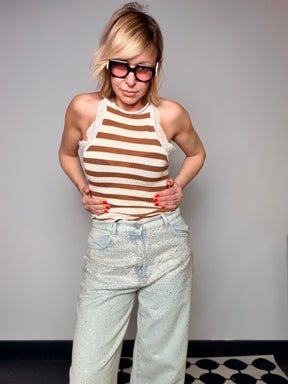 Body a Righe con Bordo in Pizzo —