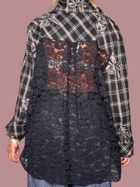 Camicia Oversize Tartan con Ricami Floreali Argento e Retro in Pizzo Nero
