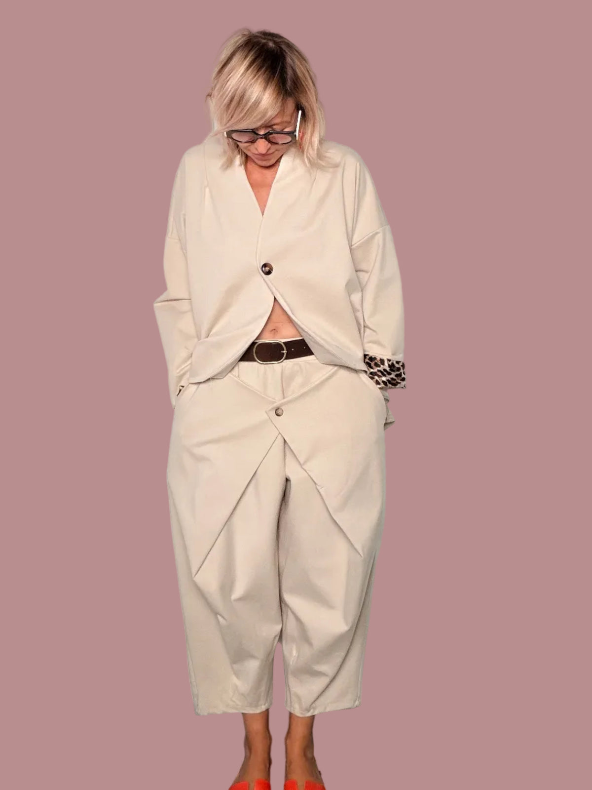 Pantalone Punto Milano Cammello Pannello Incrociato Drappeggiato