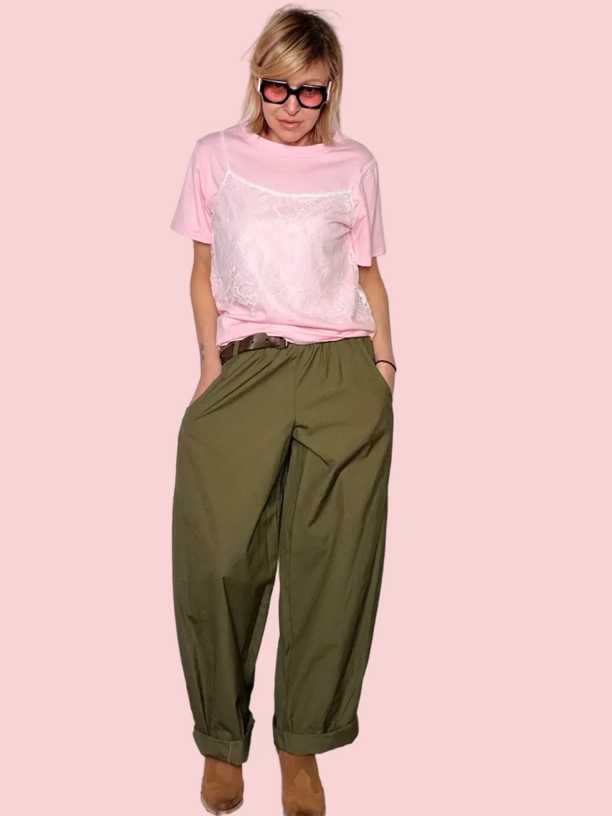 Pantalone Baggy con Pince — Verde Militare / Nero