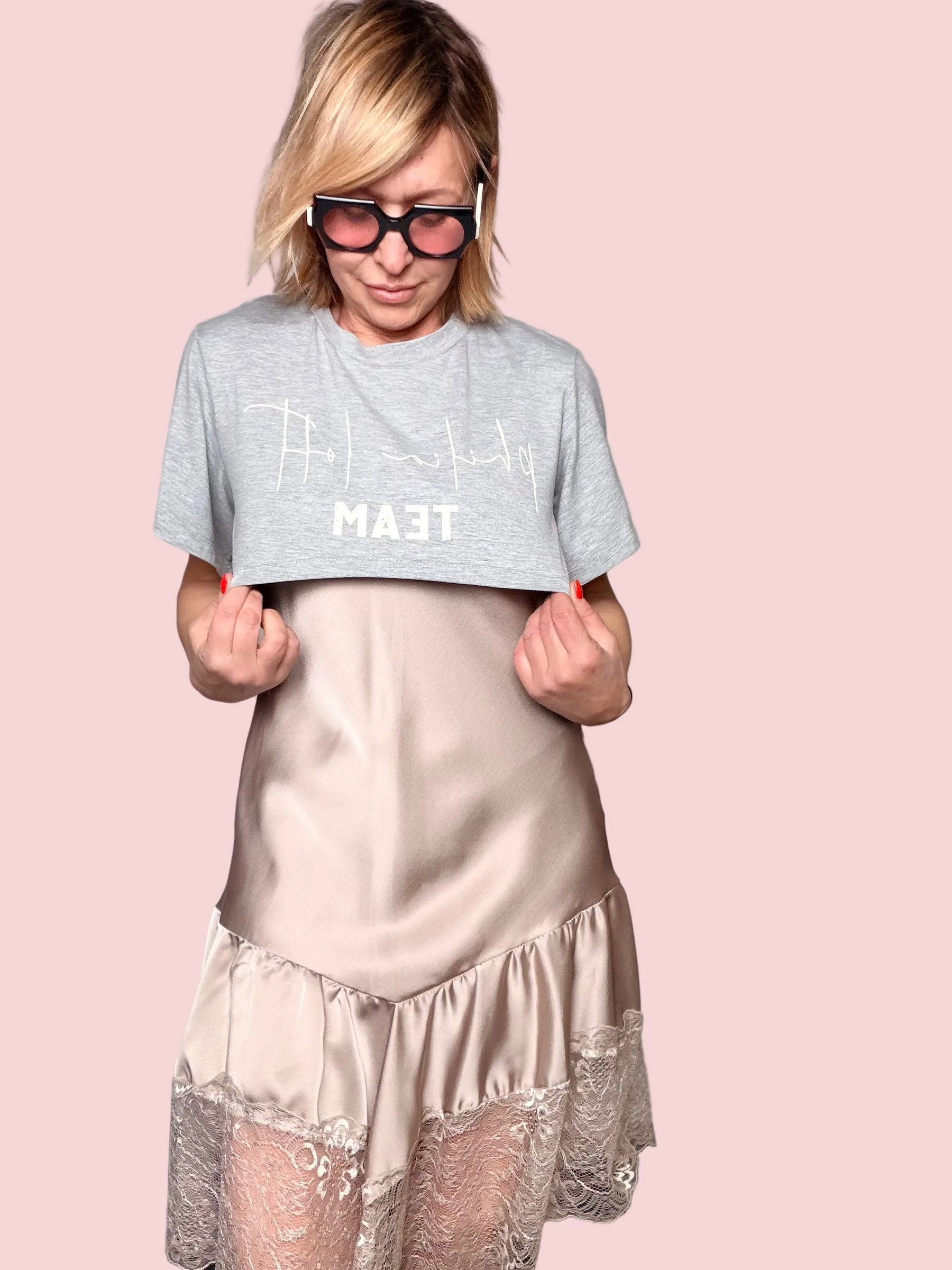 Set Coordinato Slip Dress + T-shirt Crop — Champagne / Grigio