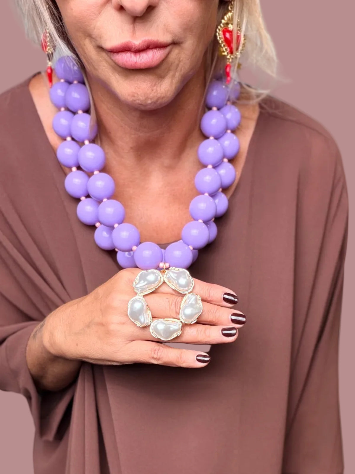 Collana Doppio Filo Sfere Lilla con Pendente Perle Barocche
