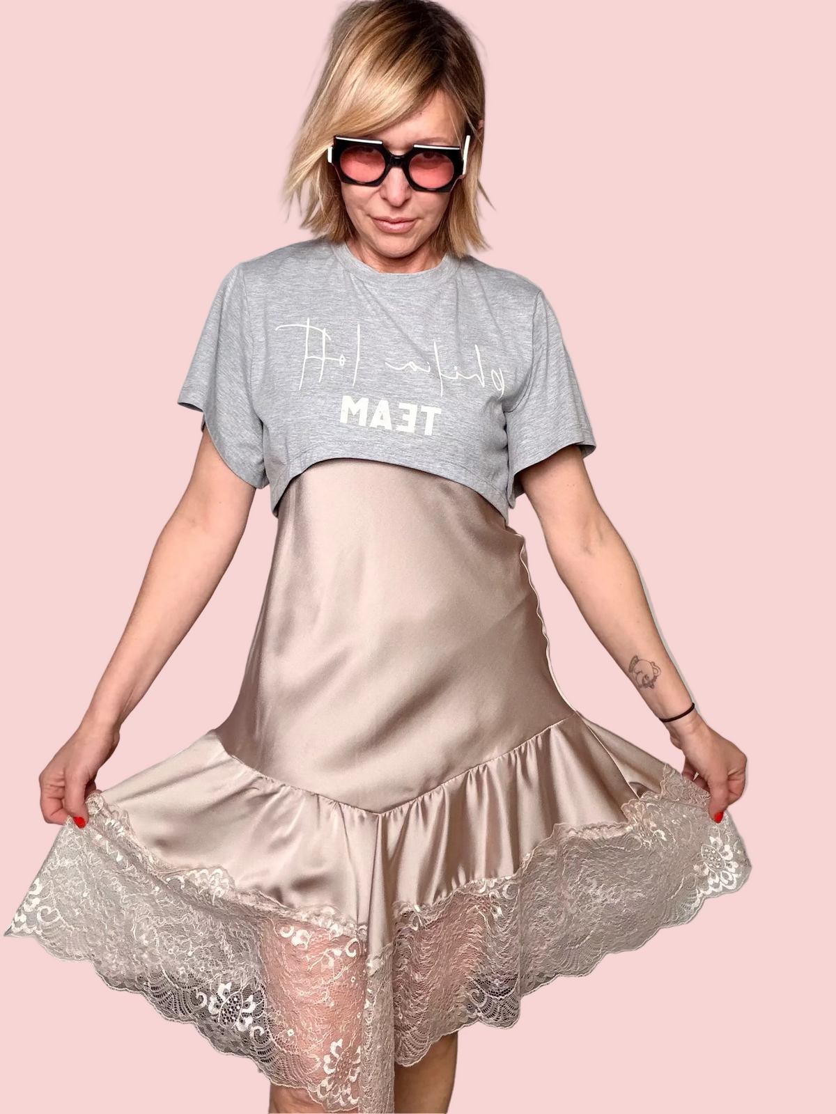 Set Coordinato Slip Dress + T-shirt Crop — Champagne / Grigio