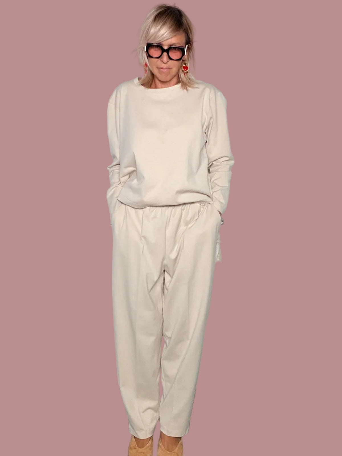 Pantalone Sigaretta Vita Elastica con Coulisse – Beige / Nero | 100% Cotone