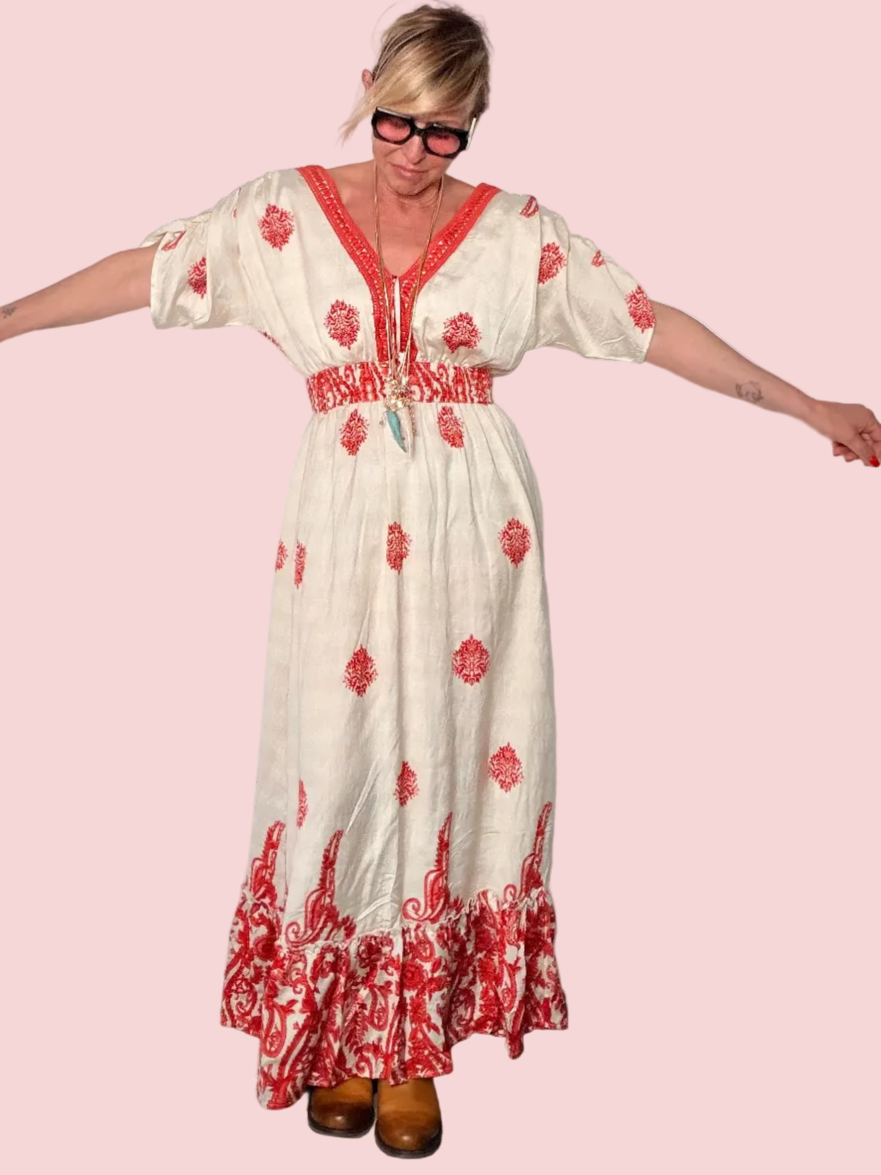 Maxi Dress Boho Block Print – Corallo / Verde