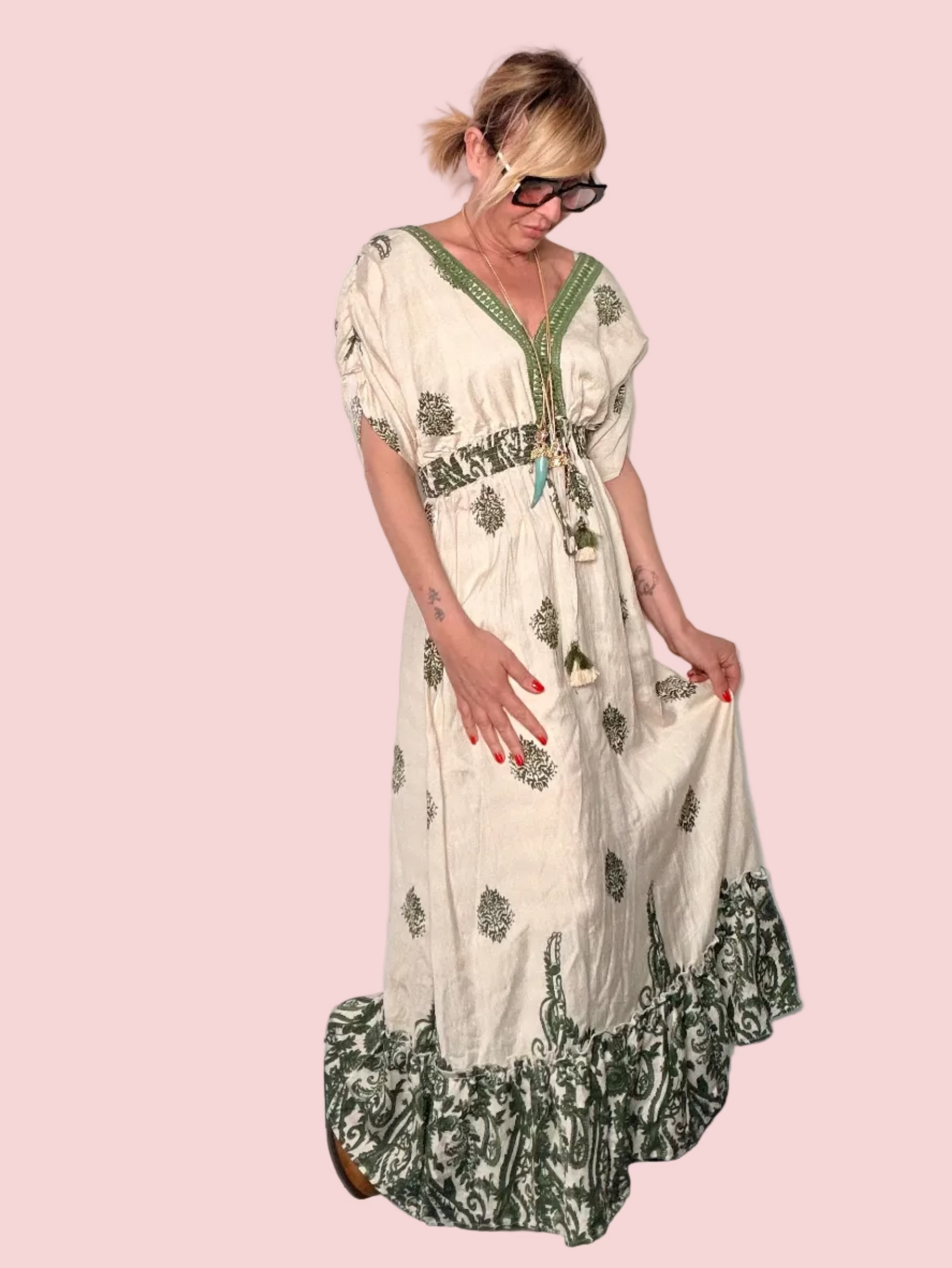 Maxi Dress Boho Block Print – Corallo / Verde