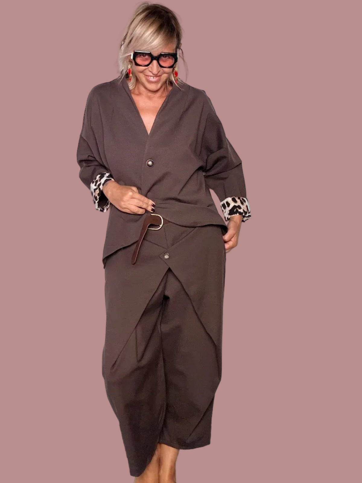Pantalone Punto Milano Cammello Pannello Incrociato Drappeggiato