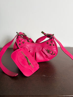 Mini Bag in Pelle con Borchie e Pochette — Rosa Fuchsia