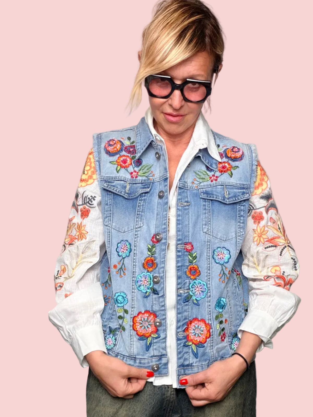 Gilet in Denim con Ricami Floreali Multicolor