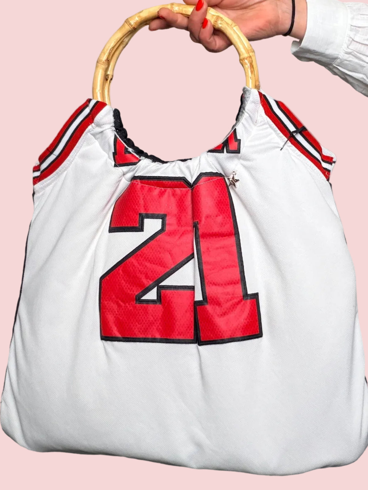 Borsa Upcycled Double Face con Manico in Bambù — Bianca/Argento