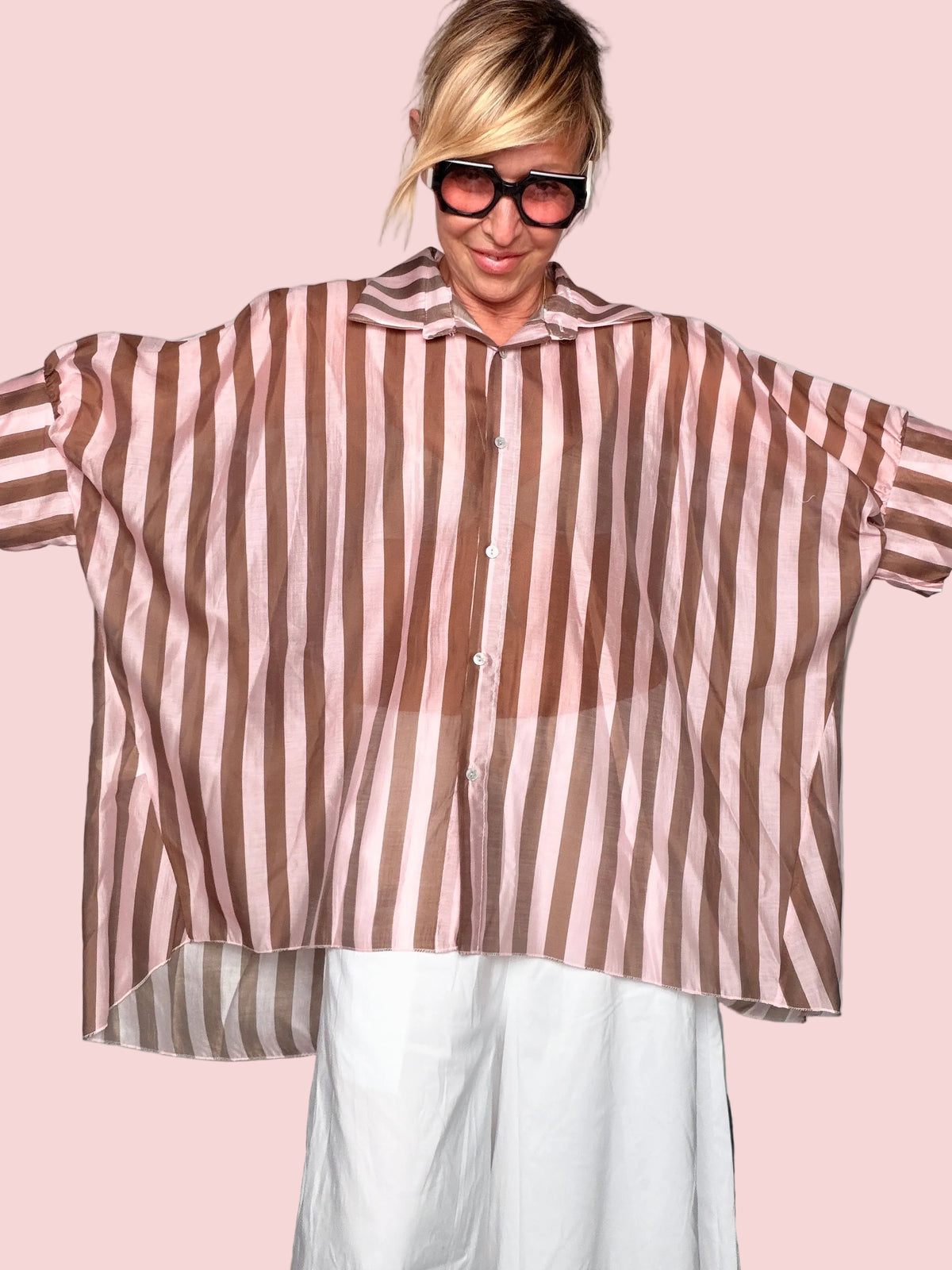 Camicia a Righe Oversize in Tencel — Manica Corta Kimono