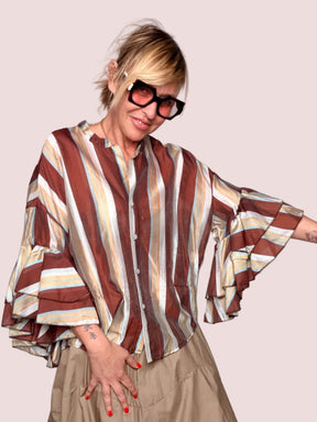 Camicia a Righe in Tencel con Maniche a Volant — Marrone/Panna/Oro