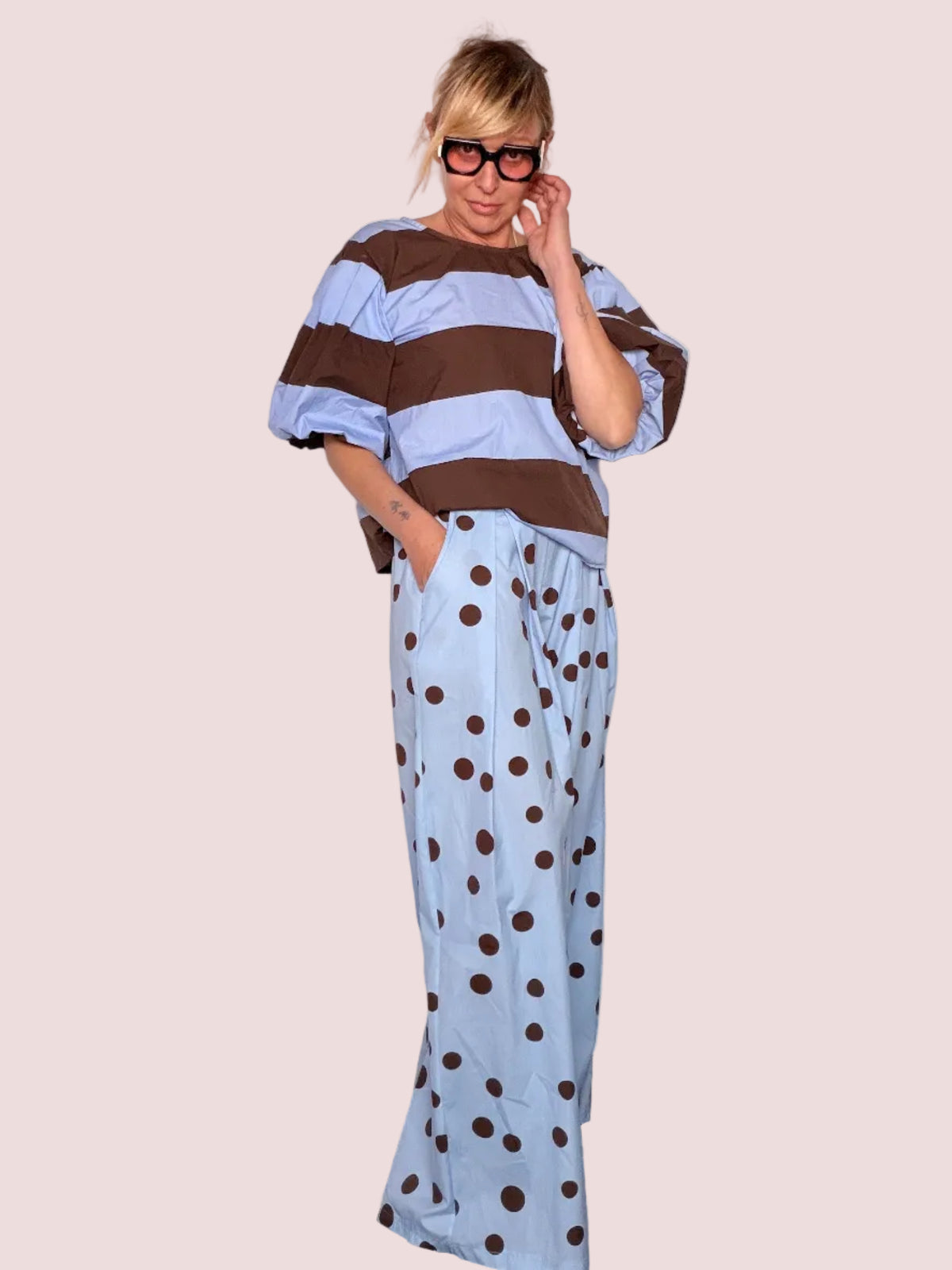 Pantalone Wide Leg a Pois in Cotone — Due Colori