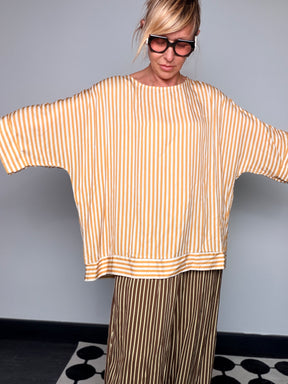 Pantalone Wide Leg a Righe in Viscosa con Coulisse — Marrone/Panna