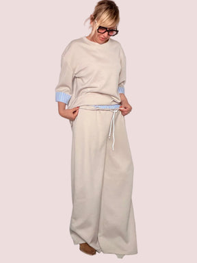 Completo Felpa + Pantalone Wide Leg Beige con Dettaglio Camicia a Righe