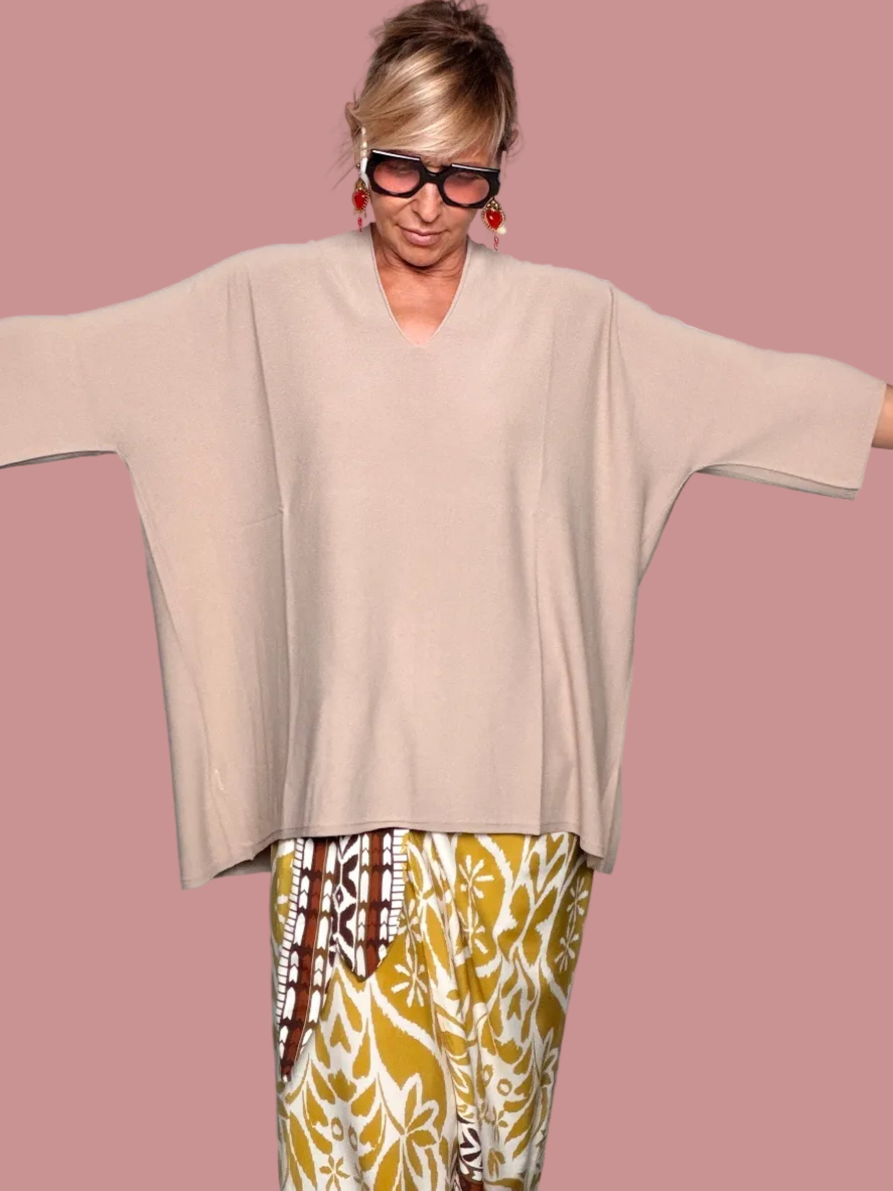 Top Oversize Filo Scollo V Maniche Pipistrello